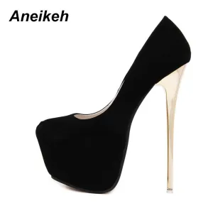 Aneikeh Big Size 41 42 43 44 45 Sexy Pumps Hochzeit Frauen Fetisch Schuhe Prägnante Frau Pumps High Heel Stripper Flock Pumps 16 cm