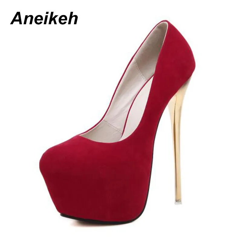 Aneikeh Big Size 41 42 43 44 45 Sexy Pumps Hochzeit Frauen Fetisch Schuhe Prägnante Frau Pumps High Heel Stripper Flock Pumps 16 cm