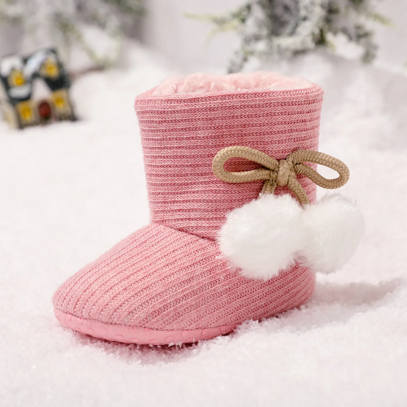 Baby / Toddler Girl Knitted Bowknot Fluff Ball Fleece-lining Prewalker Shoes