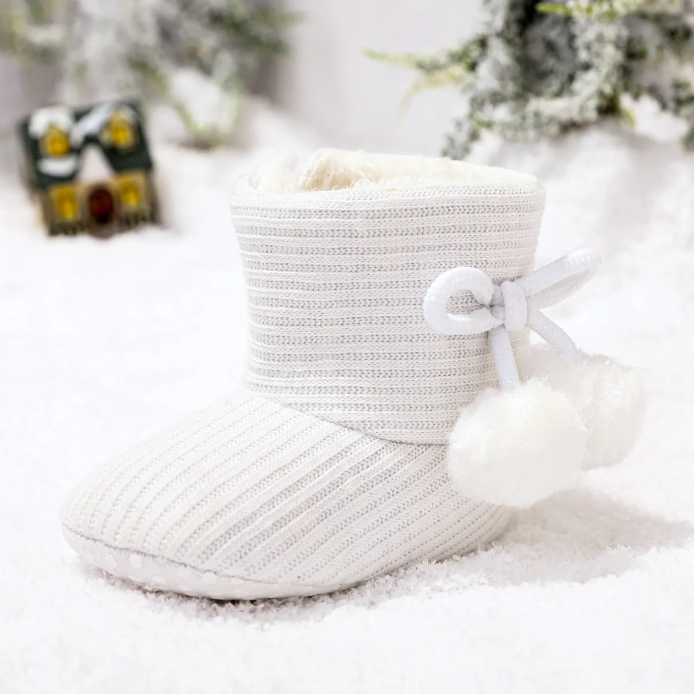 Baby / Toddler Girl Knitted Bowknot Fluff Ball Fleece-lining Prewalker Shoes