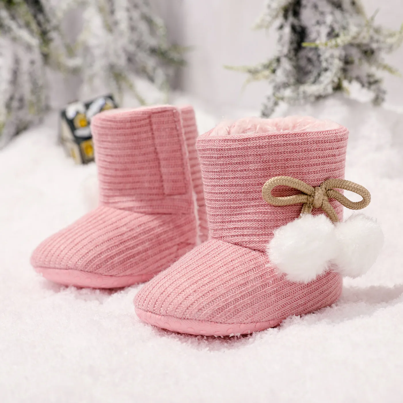 Baby / Toddler Girl Knitted Bowknot Fluff Ball Fleece-lining Prewalker Shoes