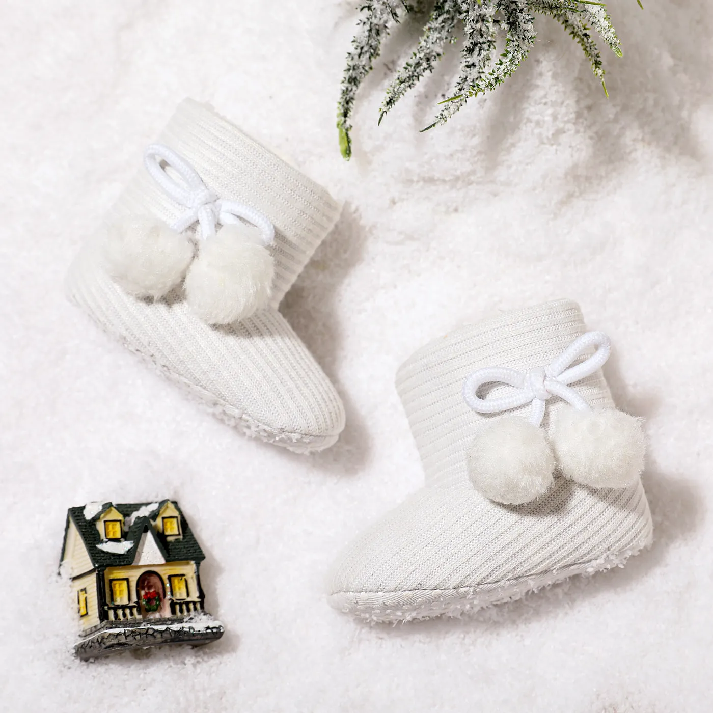Baby / Toddler Girl Knitted Bowknot Fluff Ball Fleece-lining Prewalker Shoes