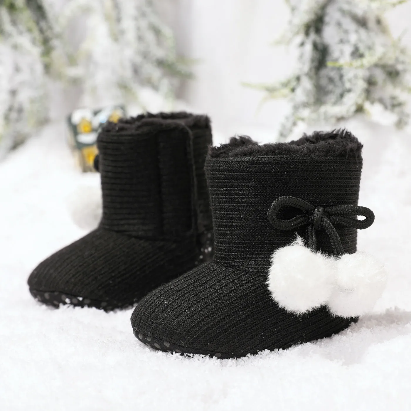 Baby / Toddler Girl Knitted Bowknot Fluff Ball Fleece-lining Prewalker Shoes