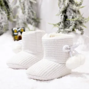 Baby / Toddler Girl Knitted Bowknot Fluff Ball Fleece-lining Prewalker Shoes