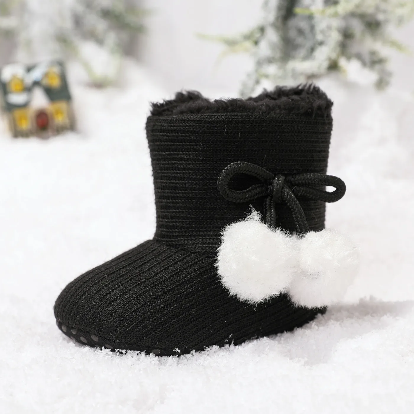 Baby / Toddler Girl Knitted Bowknot Fluff Ball Fleece-lining Prewalker Shoes