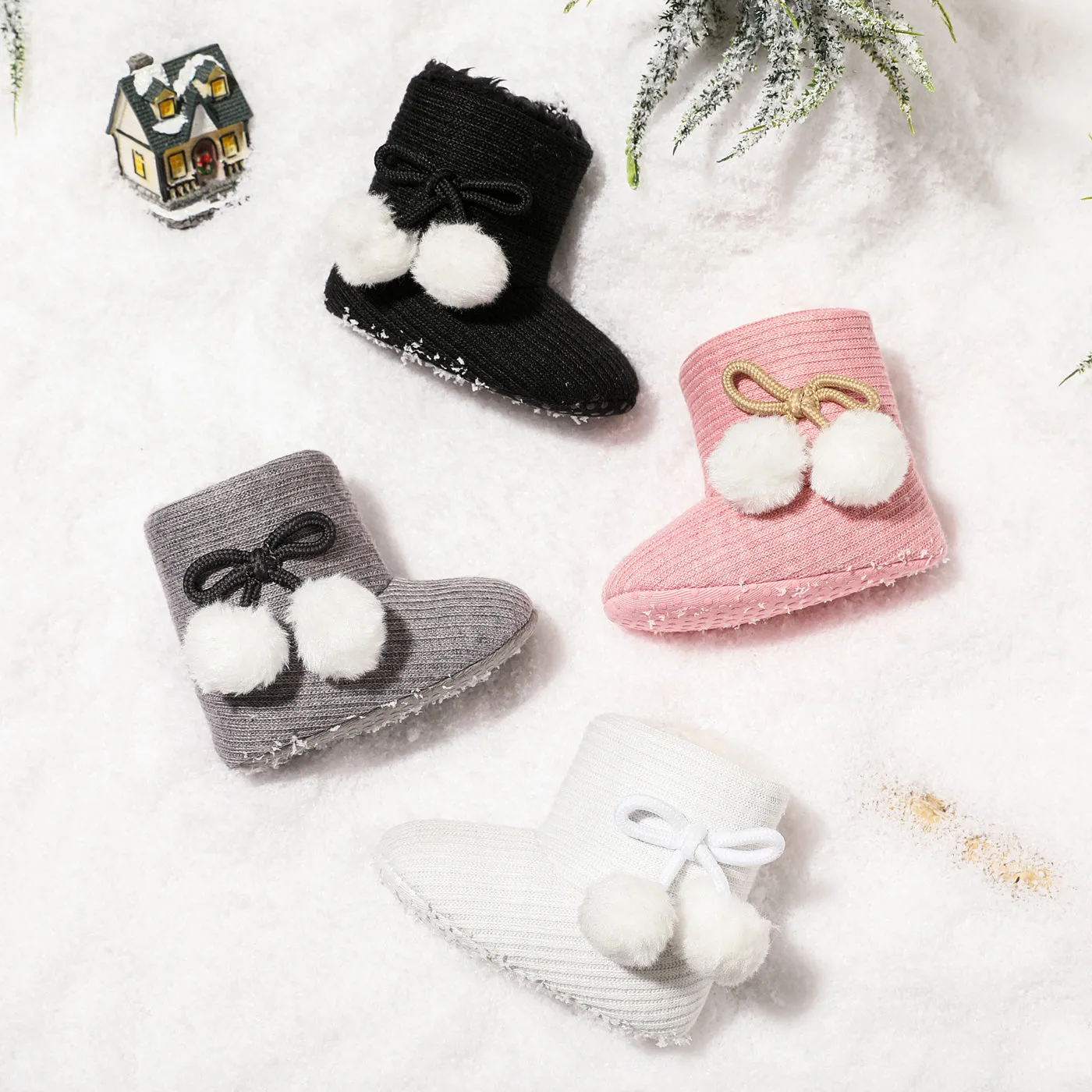 Baby / Toddler Girl Knitted Bowknot Fluff Ball Fleece-lining Prewalker Shoes