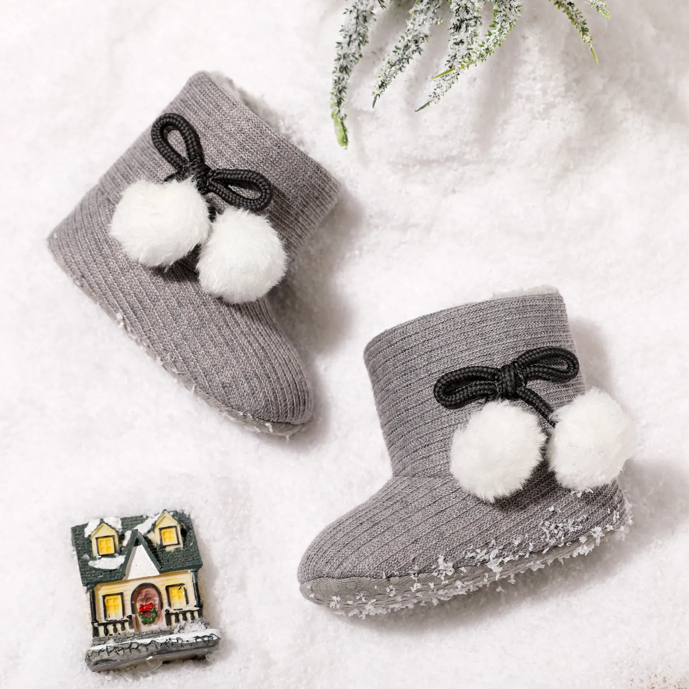 Baby / Toddler Girl Knitted Bowknot Fluff Ball Fleece-lining Prewalker Shoes