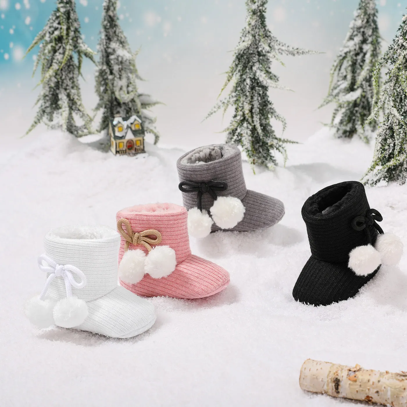 Baby / Toddler Girl Knitted Bowknot Fluff Ball Fleece-lining Prewalker Shoes
