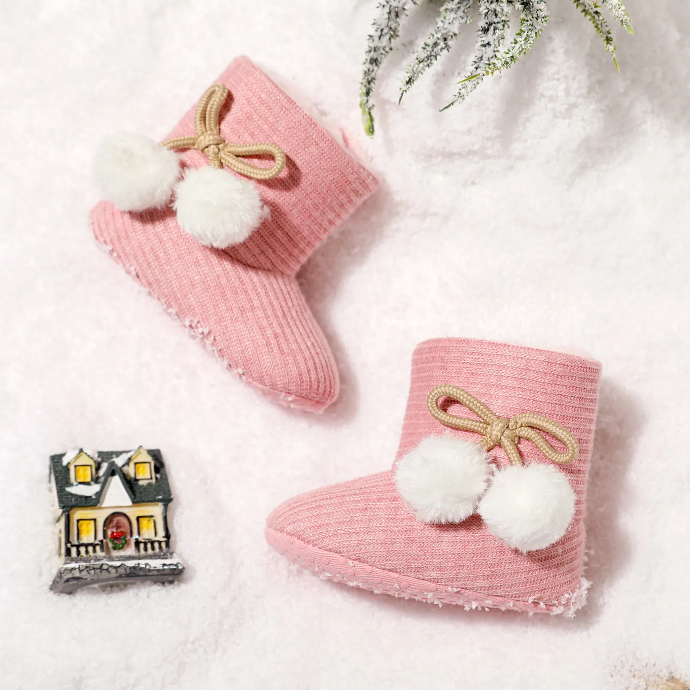Baby / Toddler Girl Knitted Bowknot Fluff Ball Fleece-lining Prewalker Shoes