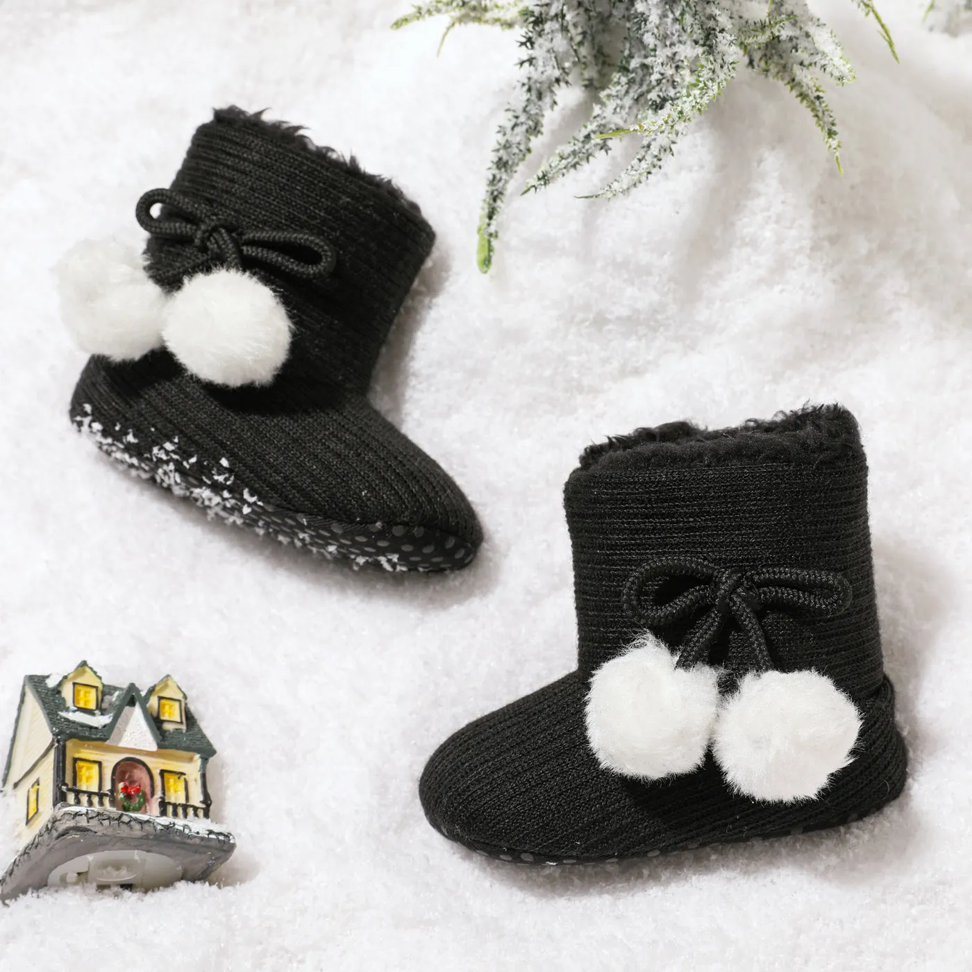 Baby / Toddler Girl Knitted Bowknot Fluff Ball Fleece-lining Prewalker Shoes