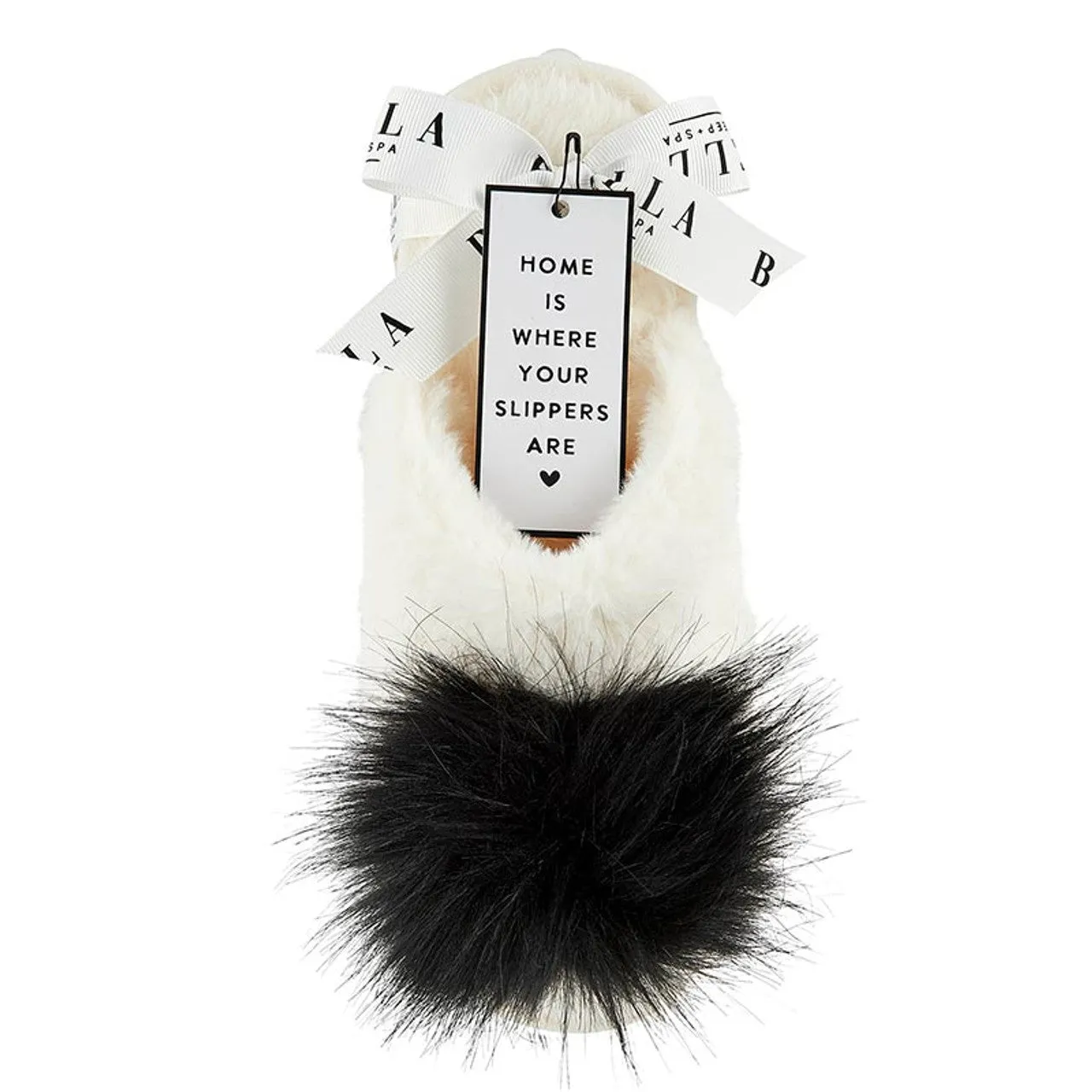 Bella Plush Slippers - Ivory with Black Pom Pom