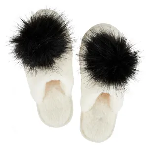 Bella Plush Slippers - Ivory with Black Pom Pom