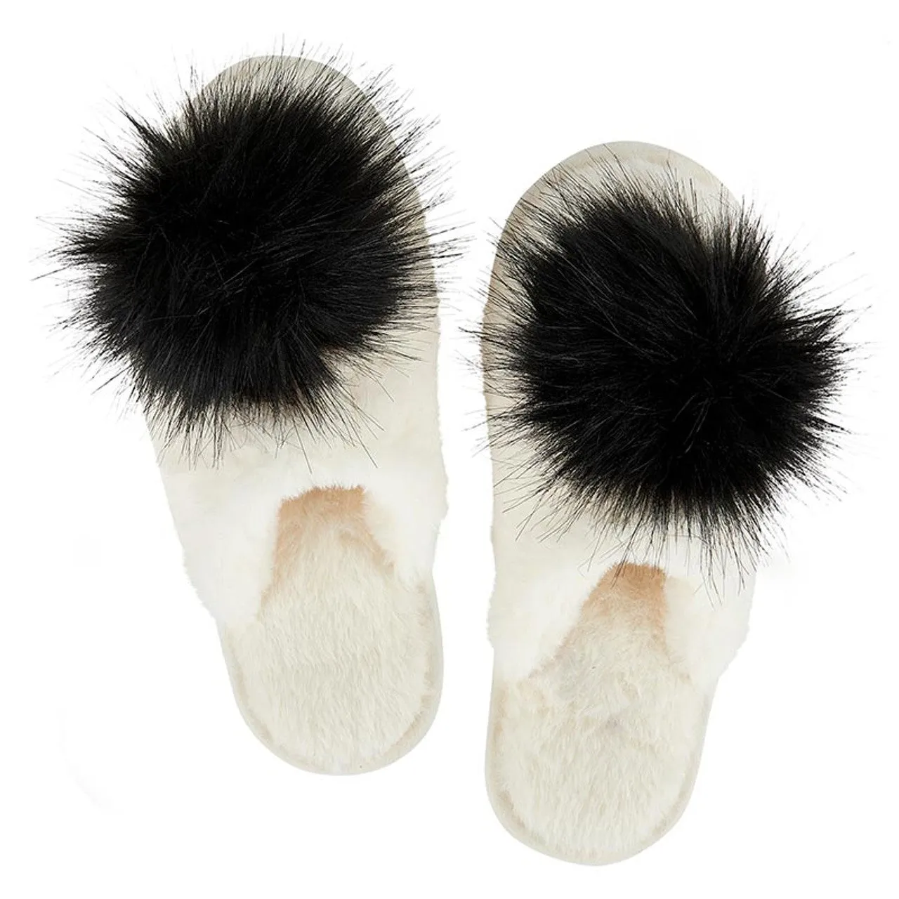 Bella Plush Slippers - Ivory with Black Pom Pom