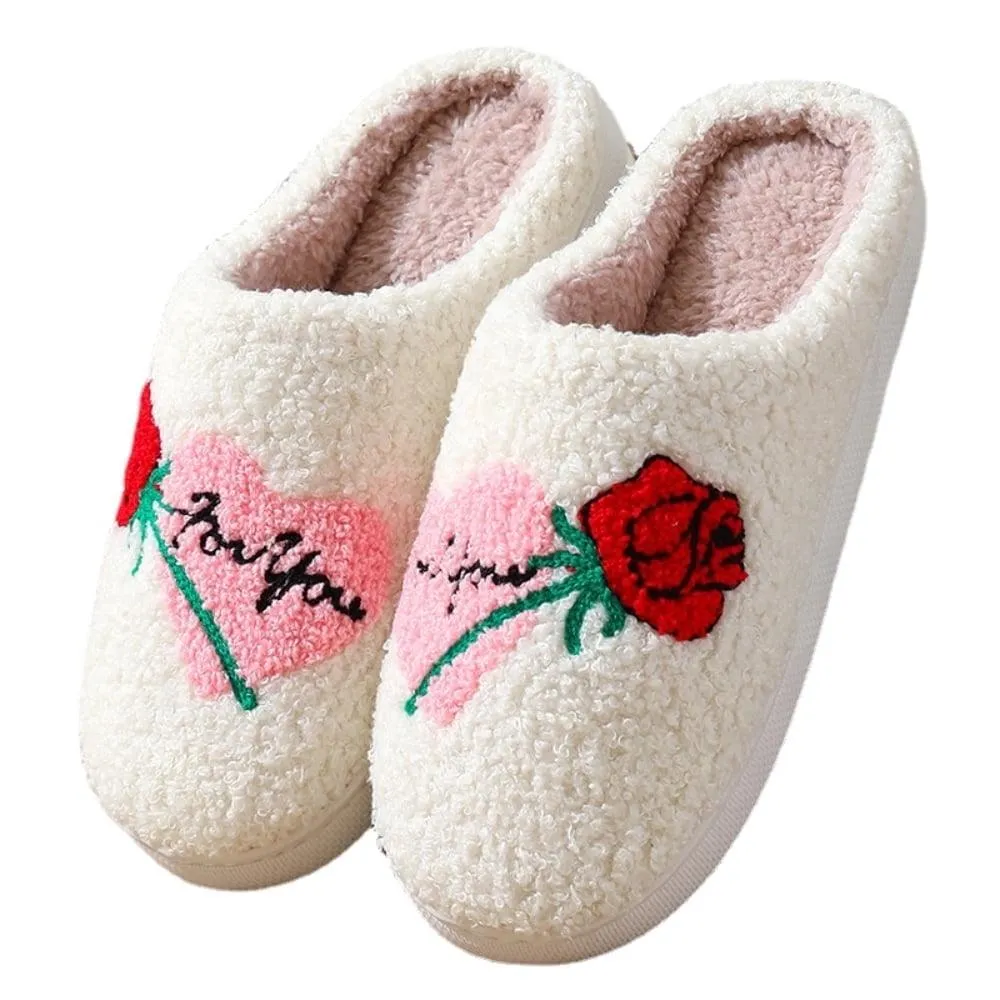 BERANMEY Cute Valentine's Day Slippers for Women Soft Plush Comfy Warm Slip-On Rose Heart Love Couple Slippers fo Women Indoor Fluffy House Slippers for Women and Men Non-slip Fuzzy Flat Slides