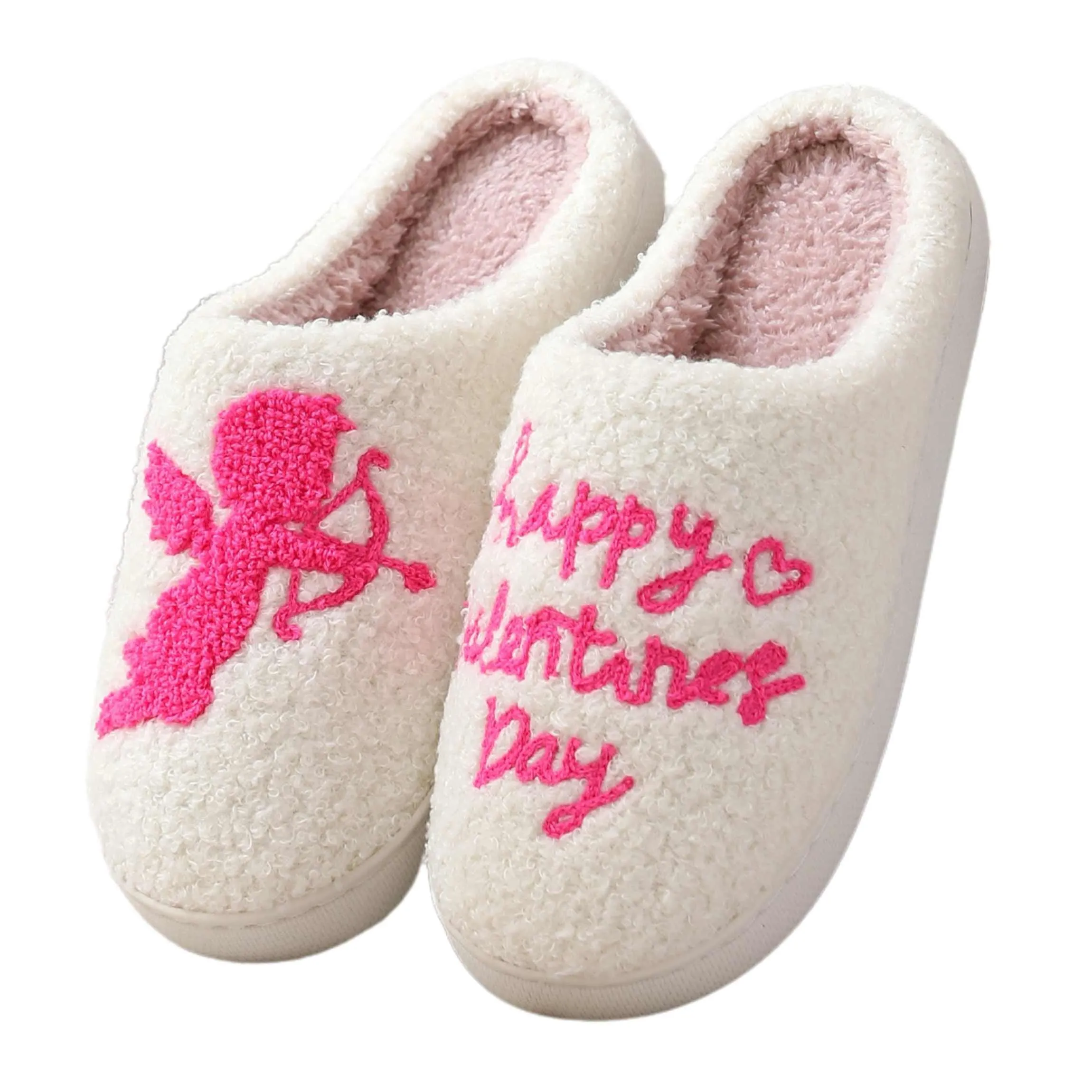 BERANMEY Cute Valentine's Day Slippers for Women Soft Plush Comfy Warm Slip-On Rose Heart Love Couple Slippers fo Women Indoor Fluffy House Slippers for Women and Men Non-slip Fuzzy Flat Slides