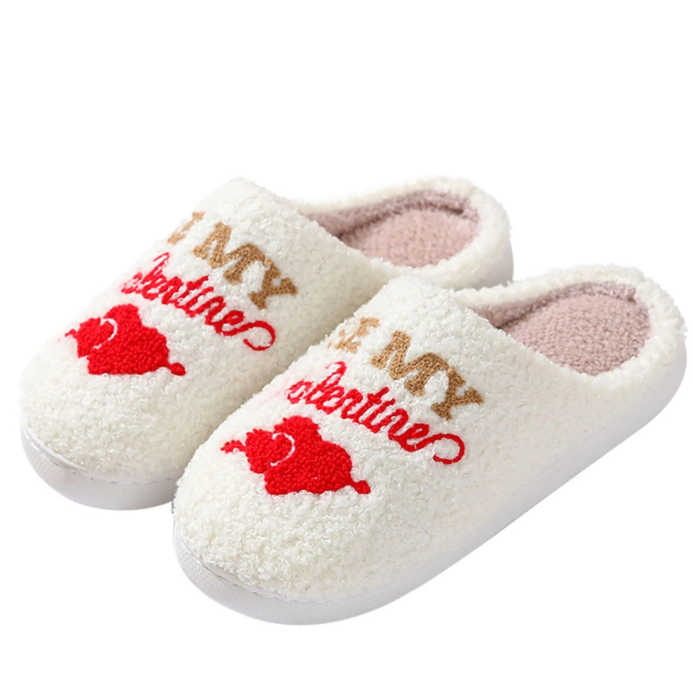BERANMEY Cute Valentine's Day Slippers for Women Soft Plush Comfy Warm Slip-On Rose Heart Love Couple Slippers fo Women Indoor Fluffy House Slippers for Women and Men Non-slip Fuzzy Flat Slides