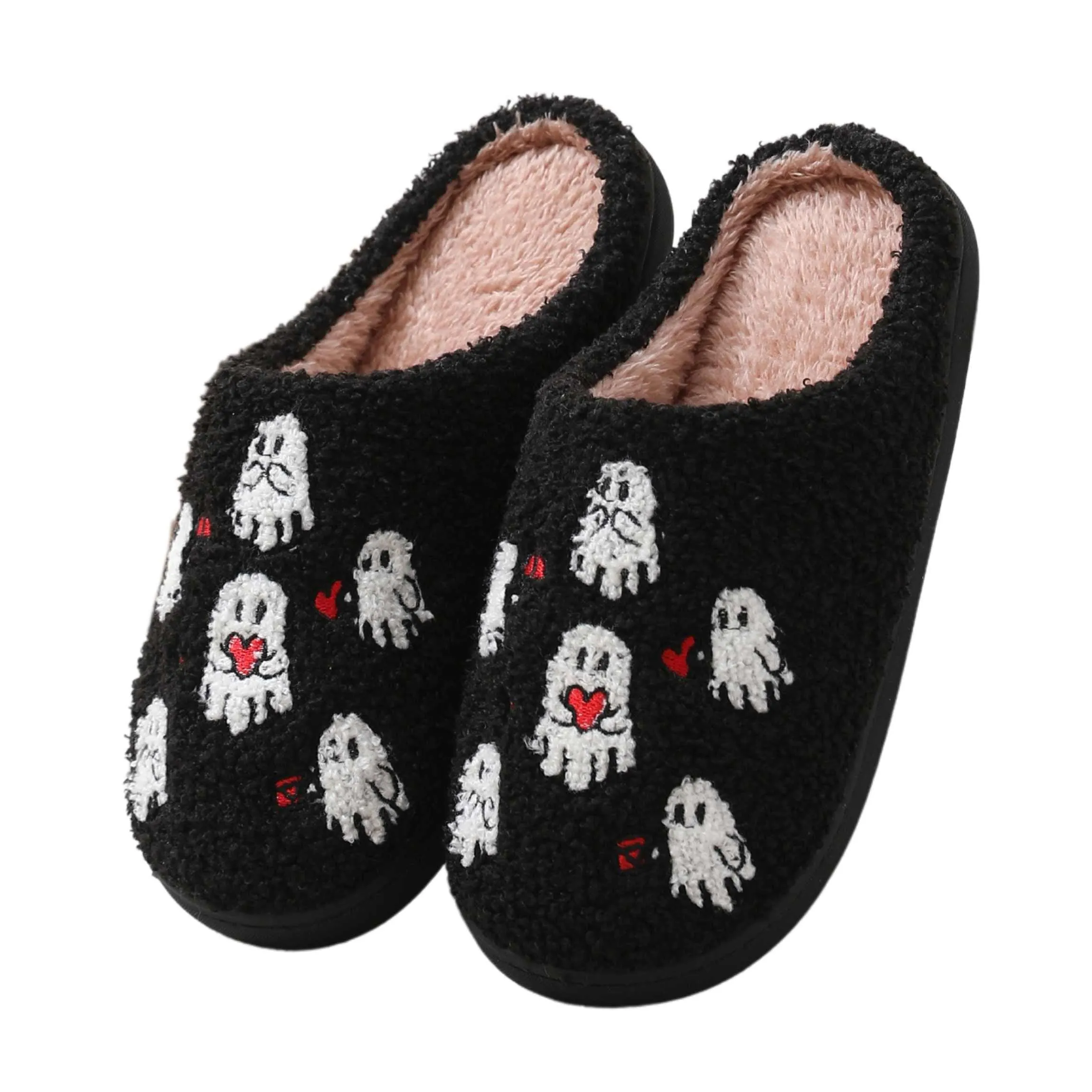 BERANMEY Cute Valentine's Day Slippers for Women Soft Plush Comfy Warm Slip-On Rose Heart Love Couple Slippers fo Women Indoor Fluffy House Slippers for Women and Men Non-slip Fuzzy Flat Slides