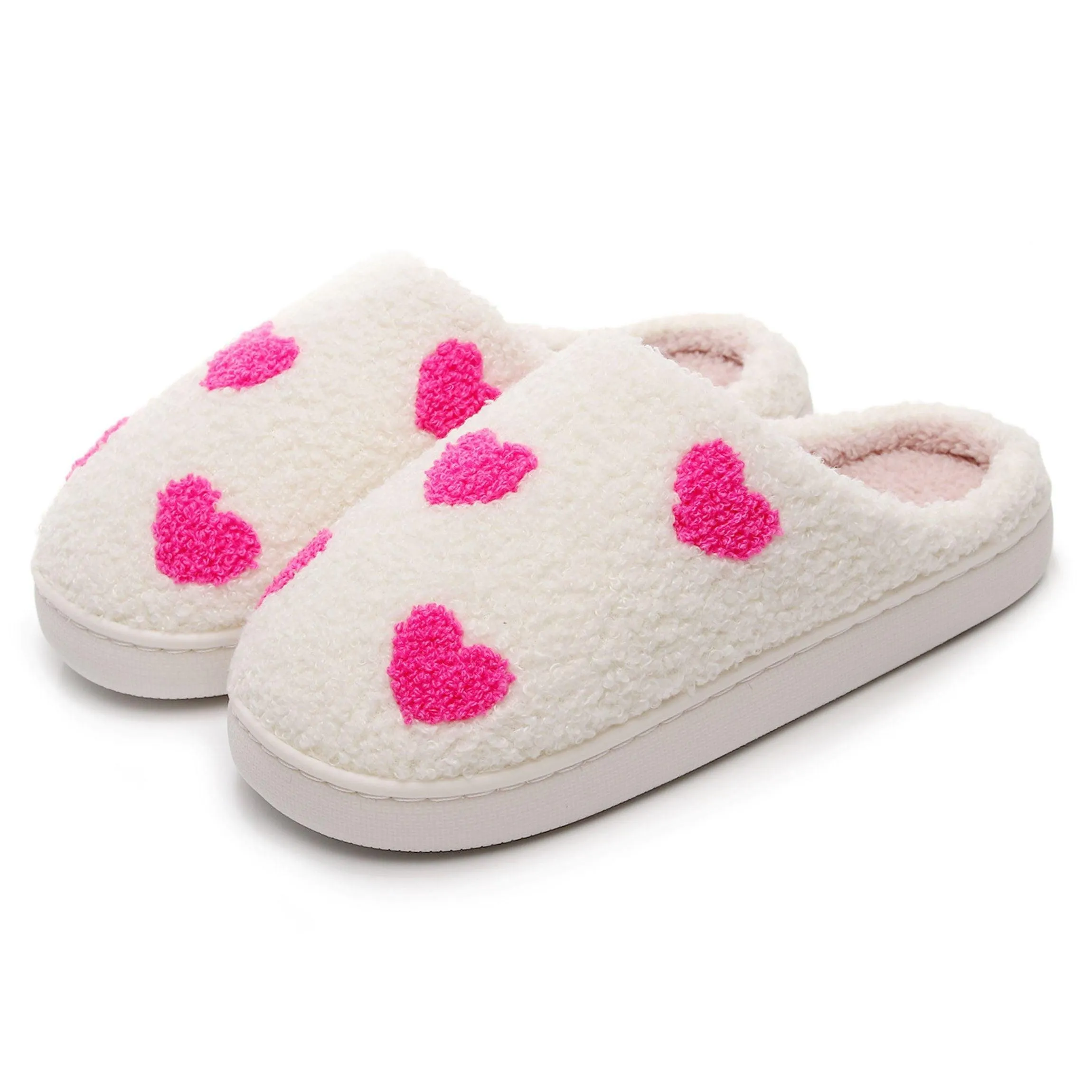 BERANMEY Cute Valentine's Day Slippers for Women Soft Plush Comfy Warm Slip-On Rose Heart Love Couple Slippers fo Women Indoor Fluffy House Slippers for Women and Men Non-slip Fuzzy Flat Slides