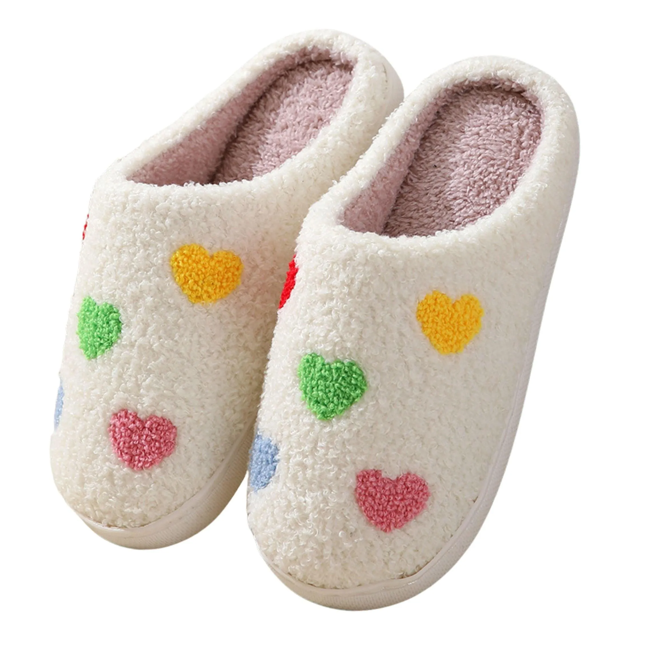 BERANMEY Cute Valentine's Day Slippers for Women Soft Plush Comfy Warm Slip-On Rose Heart Love Couple Slippers fo Women Indoor Fluffy House Slippers for Women and Men Non-slip Fuzzy Flat Slides