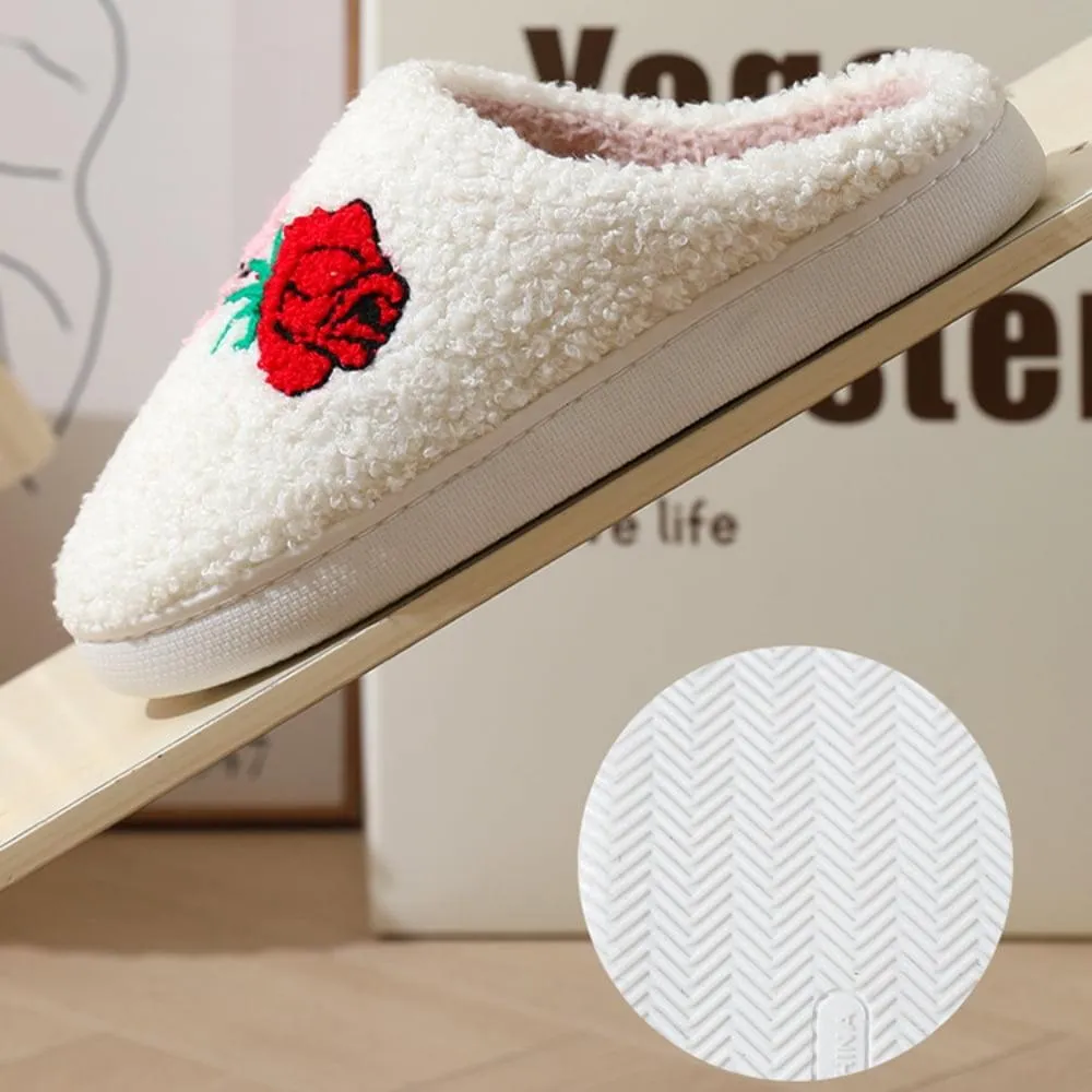 BERANMEY Cute Valentine's Day Slippers for Women Soft Plush Comfy Warm Slip-On Rose Heart Love Couple Slippers fo Women Indoor Fluffy House Slippers for Women and Men Non-slip Fuzzy Flat Slides