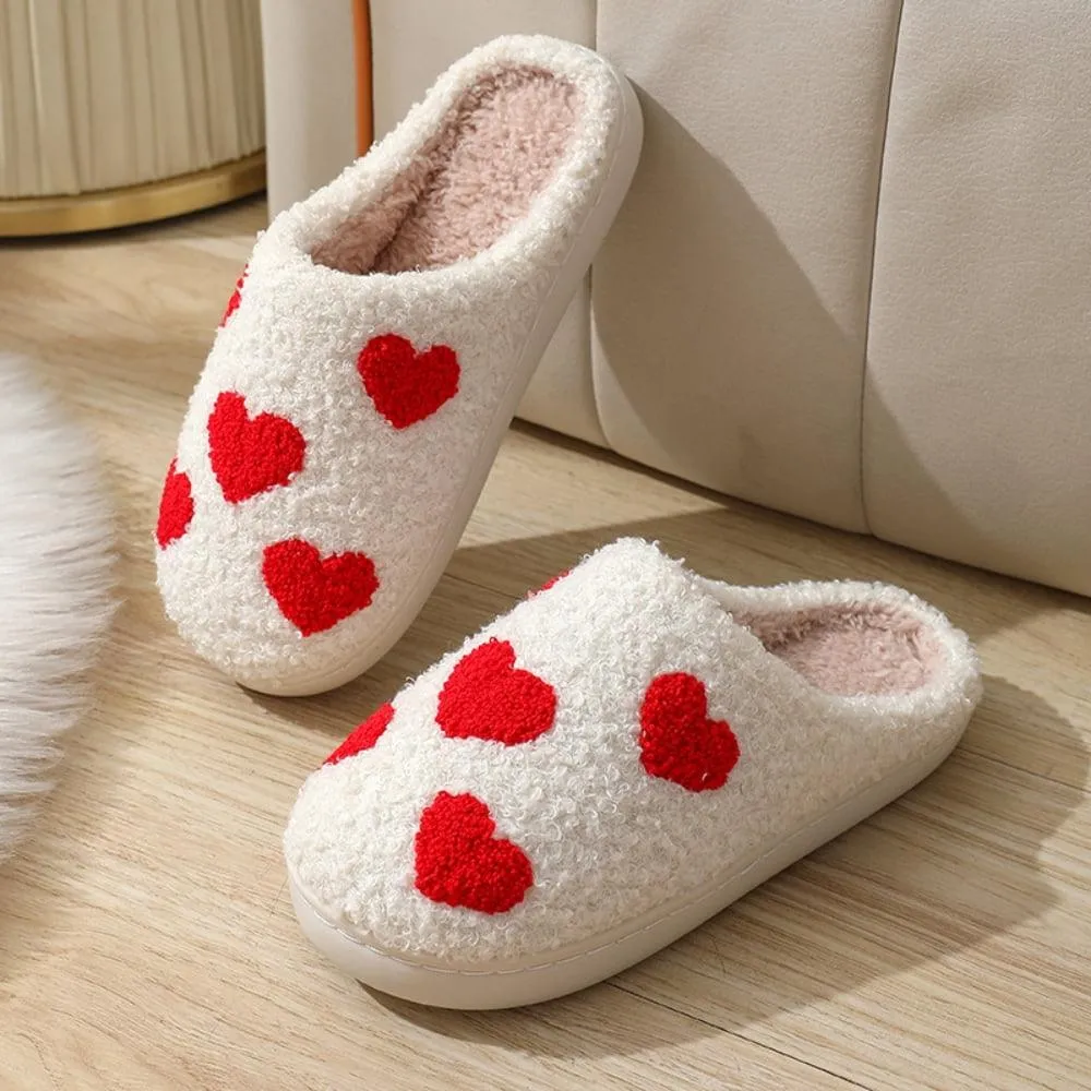 BERANMEY Cute Valentine's Day Slippers for Women Soft Plush Comfy Warm Slip-On Rose Heart Love Couple Slippers fo Women Indoor Fluffy House Slippers for Women and Men Non-slip Fuzzy Flat Slides