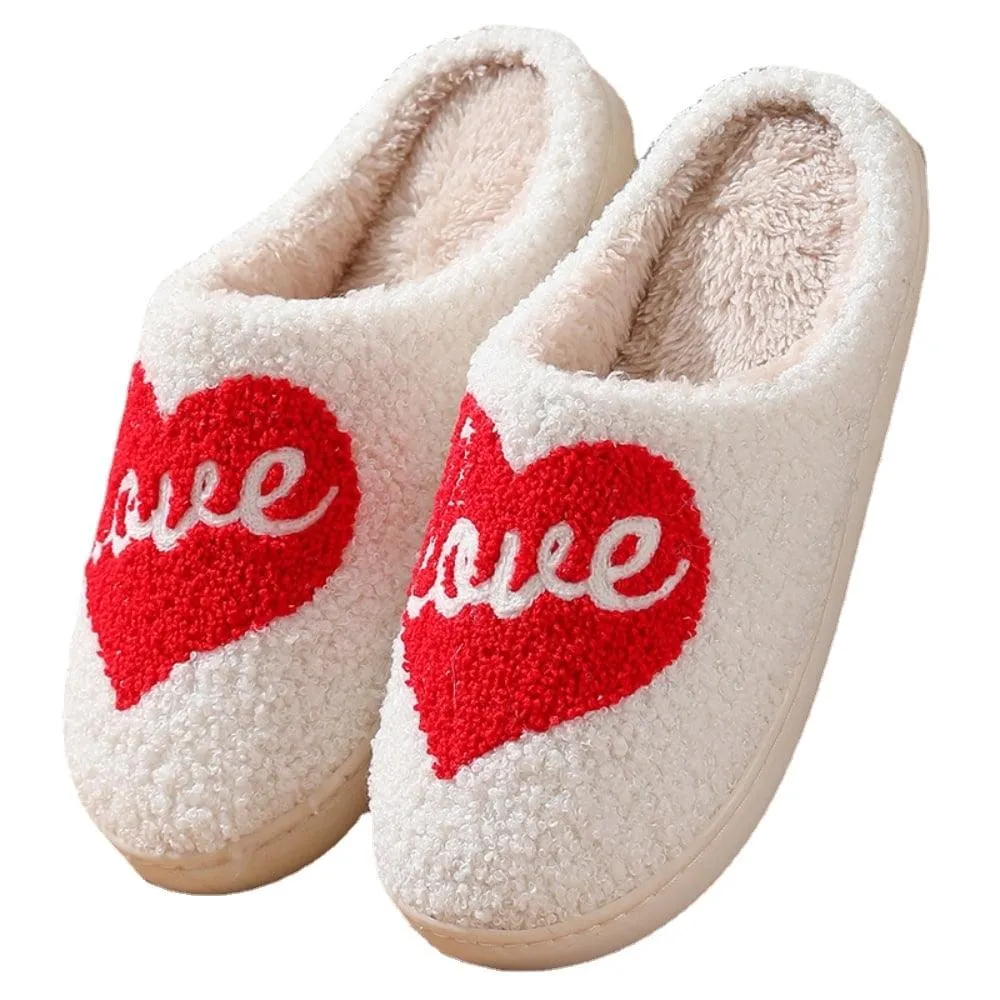 BERANMEY Cute Valentine's Day Slippers for Women Soft Plush Comfy Warm Slip-On Rose Heart Love Couple Slippers fo Women Indoor Fluffy House Slippers for Women and Men Non-slip Fuzzy Flat Slides