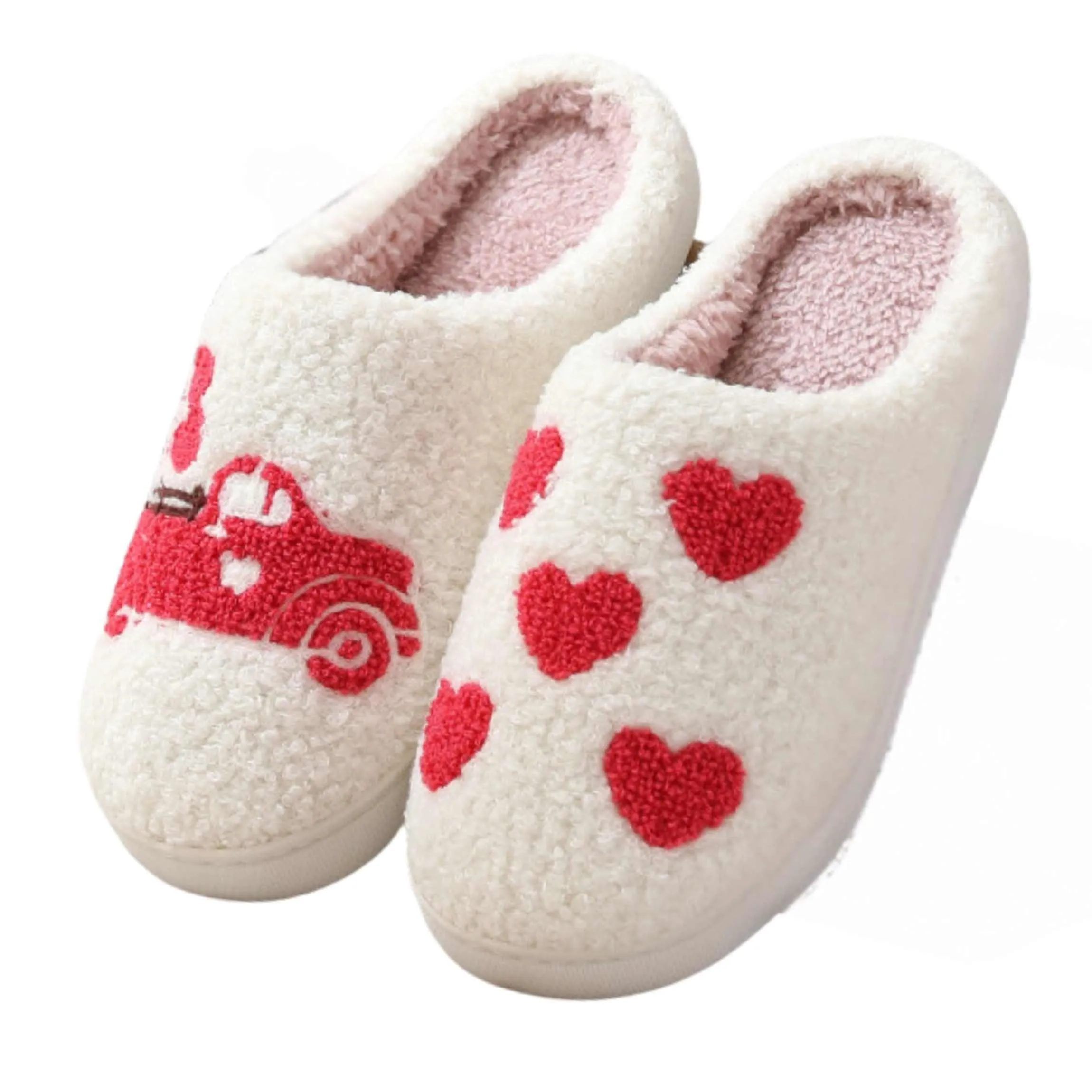 BERANMEY Cute Valentine's Day Slippers for Women Soft Plush Comfy Warm Slip-On Rose Heart Love Couple Slippers fo Women Indoor Fluffy House Slippers for Women and Men Non-slip Fuzzy Flat Slides