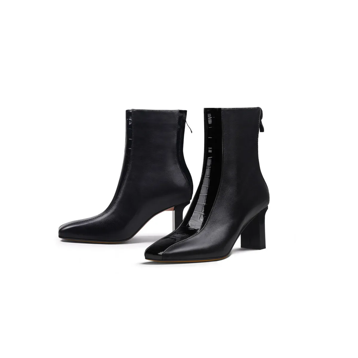 Block Heel Patchwork Leather Ankle Boots