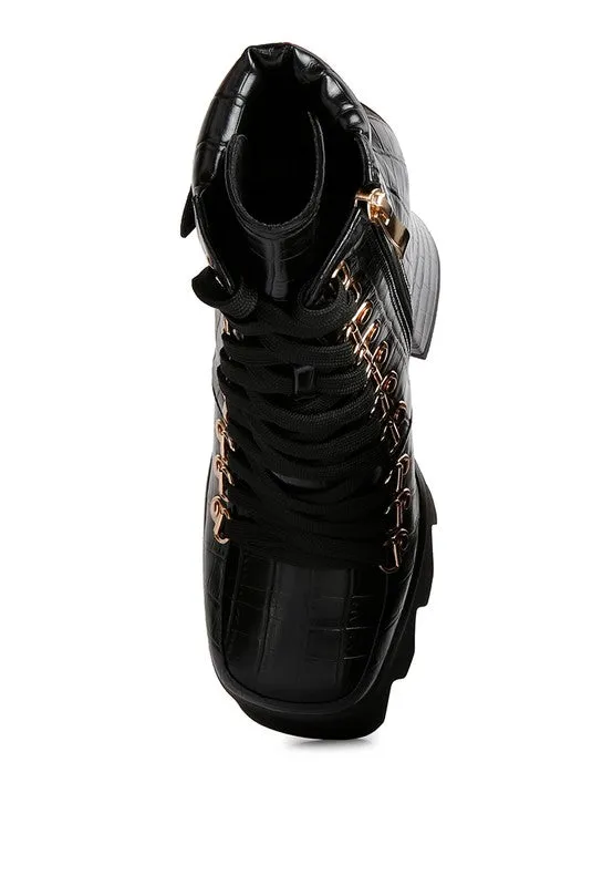 Bougie High Block Heel Lace Up Biker Boots