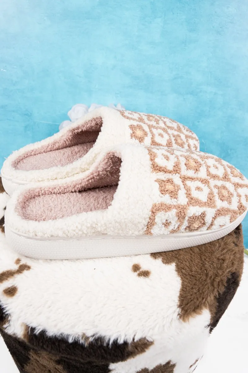 Checked Out Beige Flower Plush Slippers