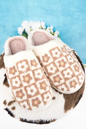 Checked Out Beige Flower Plush Slippers