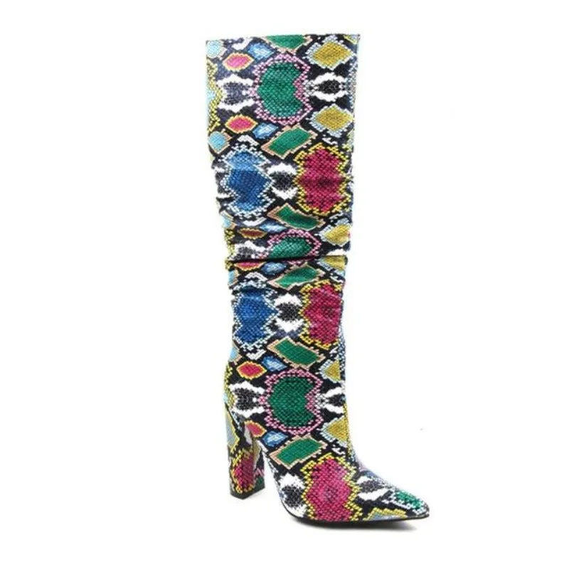Colorful Snake Skin Thick High Heels Pointed Toe Zip Pleated Boots