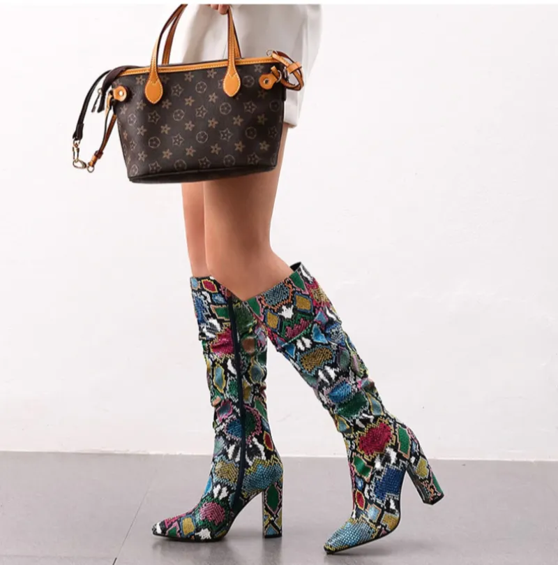 Colorful Snake Skin Thick High Heels Pointed Toe Zip Pleated Boots