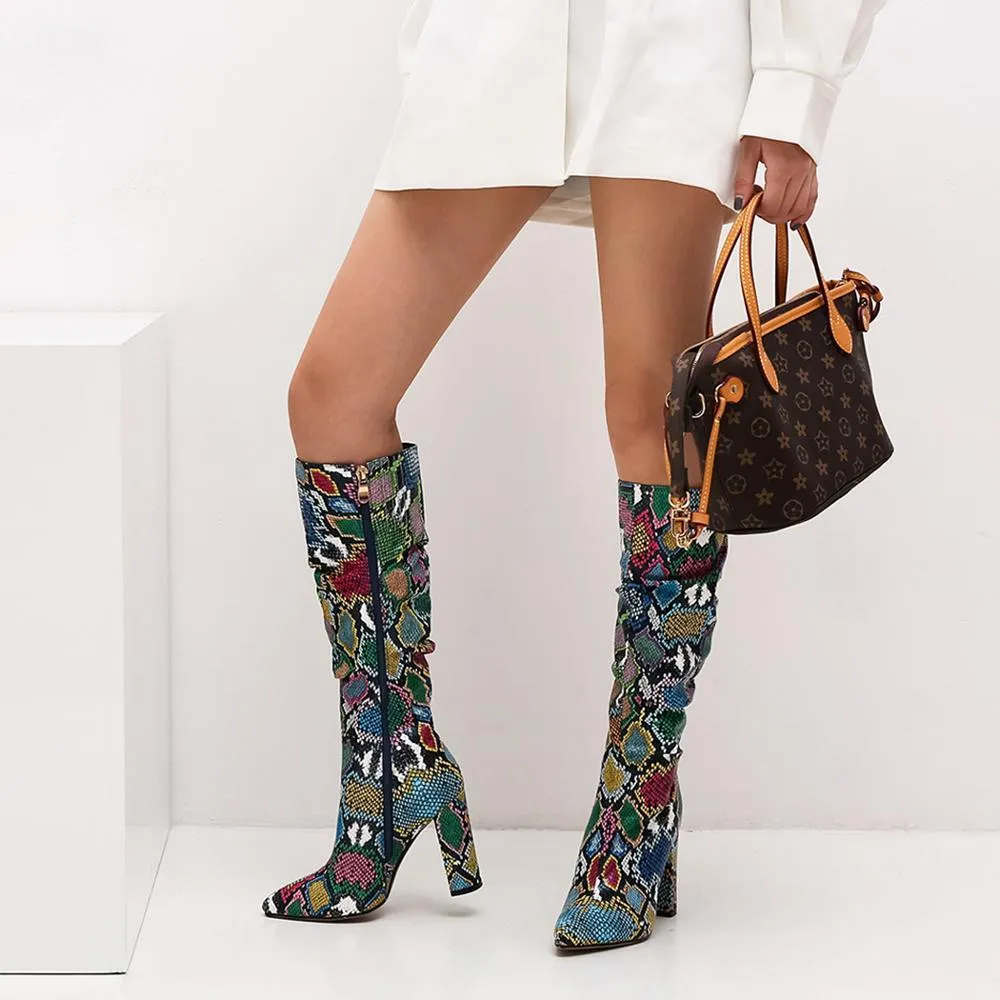 Colorful Snake Skin Thick High Heels Pointed Toe Zip Pleated Boots