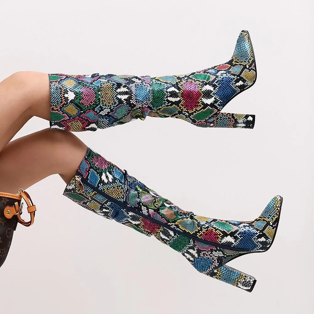 Colorful Snake Skin Thick High Heels Pointed Toe Zip Pleated Boots