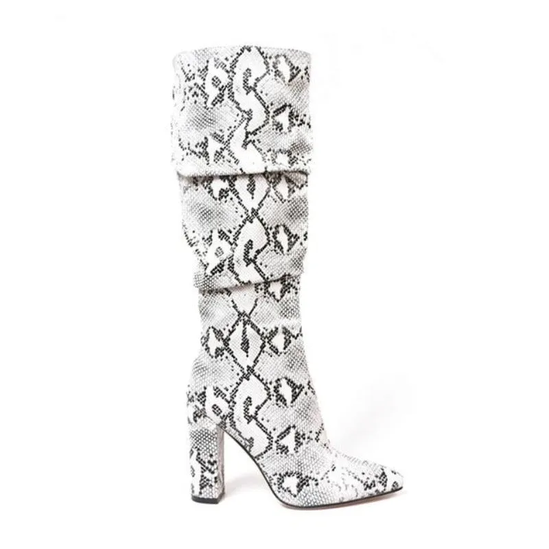 Colorful Snake Skin Thick High Heels Pointed Toe Zip Pleated Boots