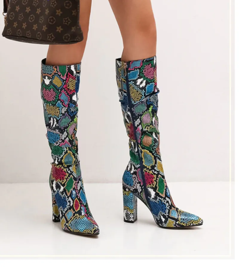 Colorful Snake Skin Thick High Heels Pointed Toe Zip Pleated Boots