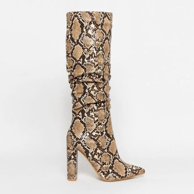 Colorful Snake Skin Thick High Heels Pointed Toe Zip Pleated Boots