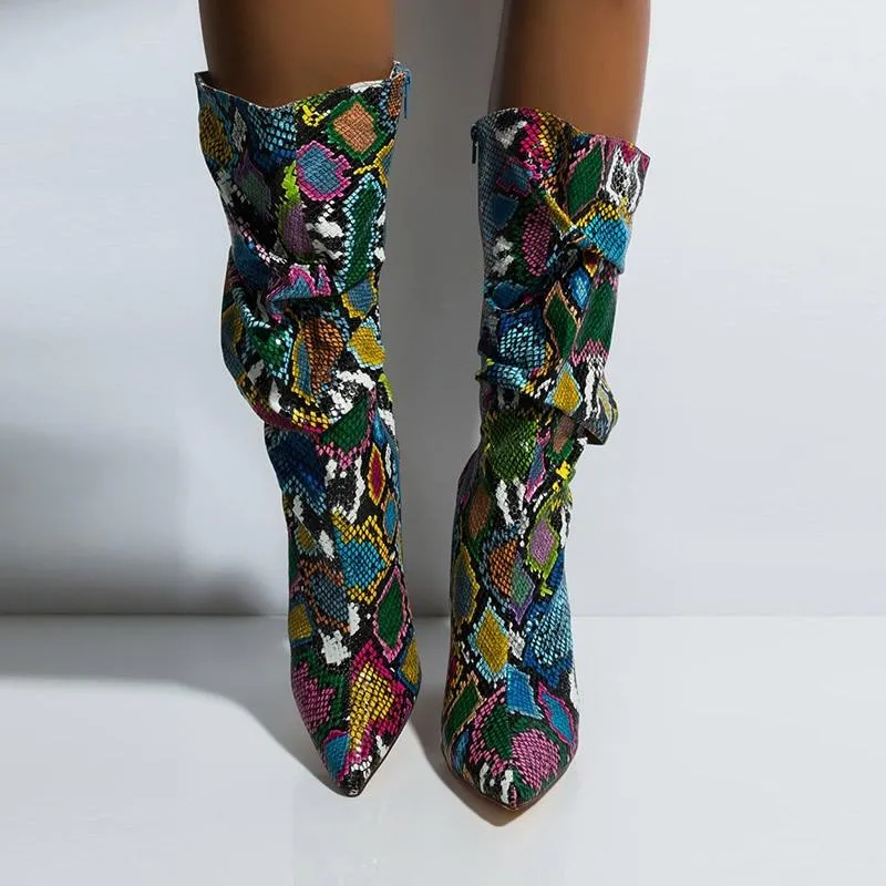 Colorful Snake Skin Thick High Heels Pointed Toe Zip Pleated Boots