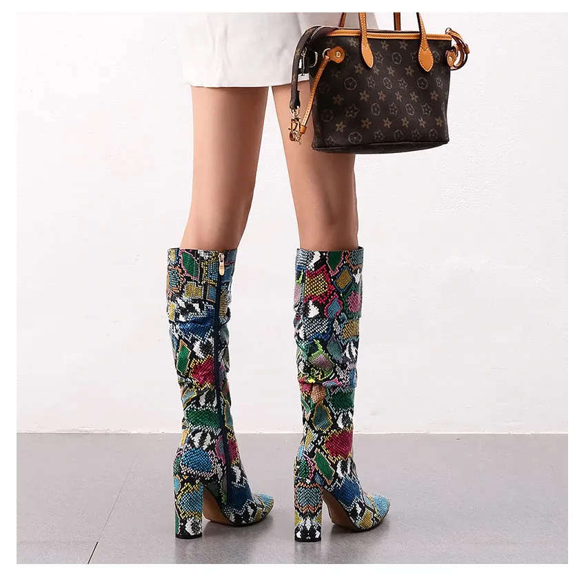 Colorful Snake Skin Thick High Heels Pointed Toe Zip Pleated Boots