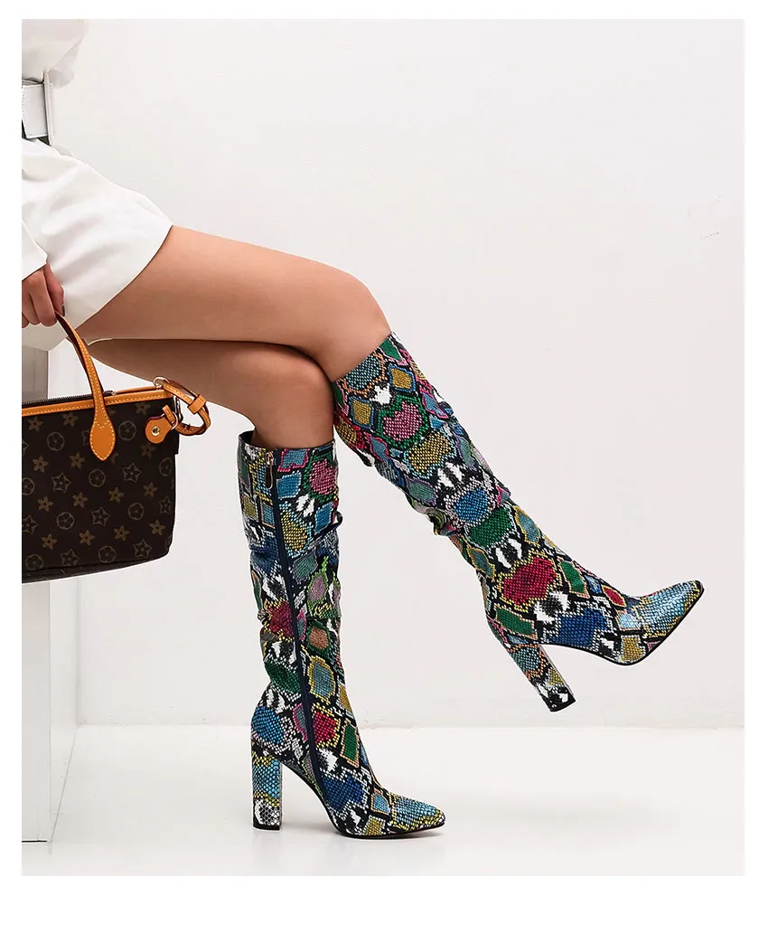 Colorful Snake Skin Thick High Heels Pointed Toe Zip Pleated Boots