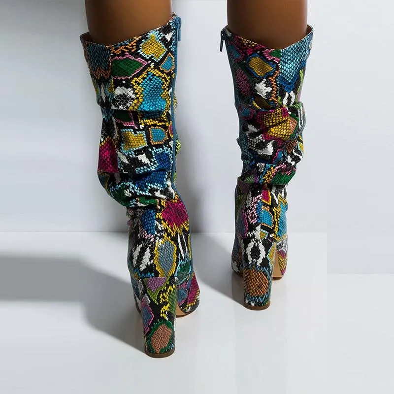 Colorful Snake Skin Thick High Heels Pointed Toe Zip Pleated Boots