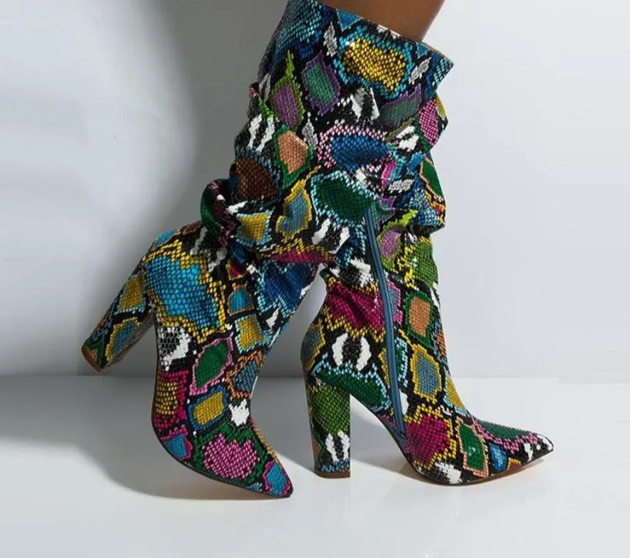Colorful Snake Skin Thick High Heels Pointed Toe Zip Pleated Boots