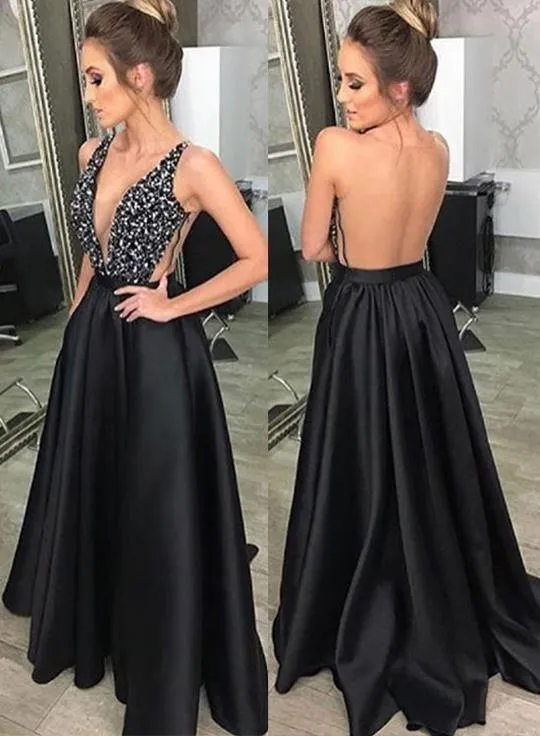 Fashion Deep V Neck Black Satin Long Prom Dresses with Pockets PG867