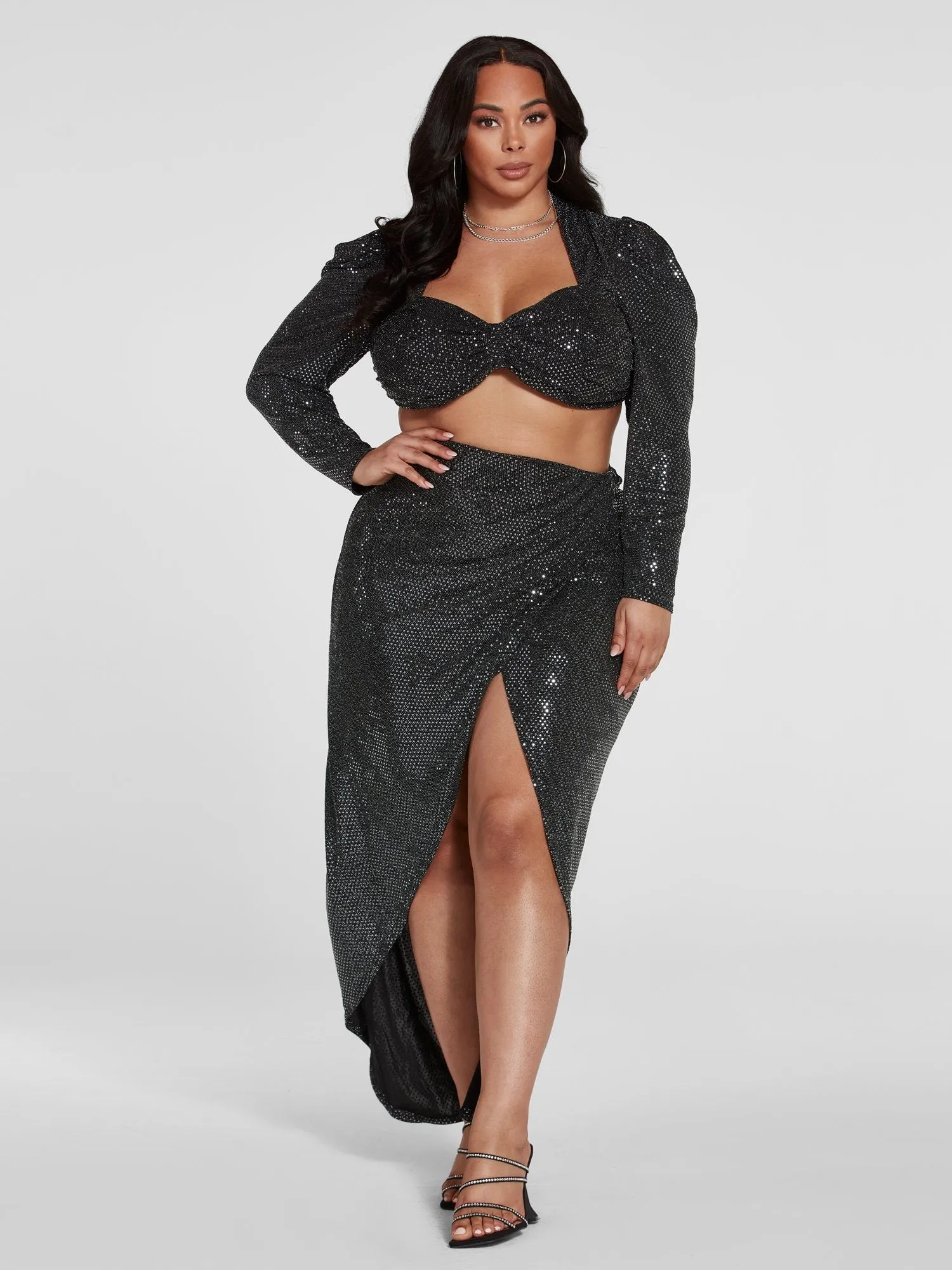 Fashion To Figure - Leandra Puff Sleeve Metallic Crop Top
