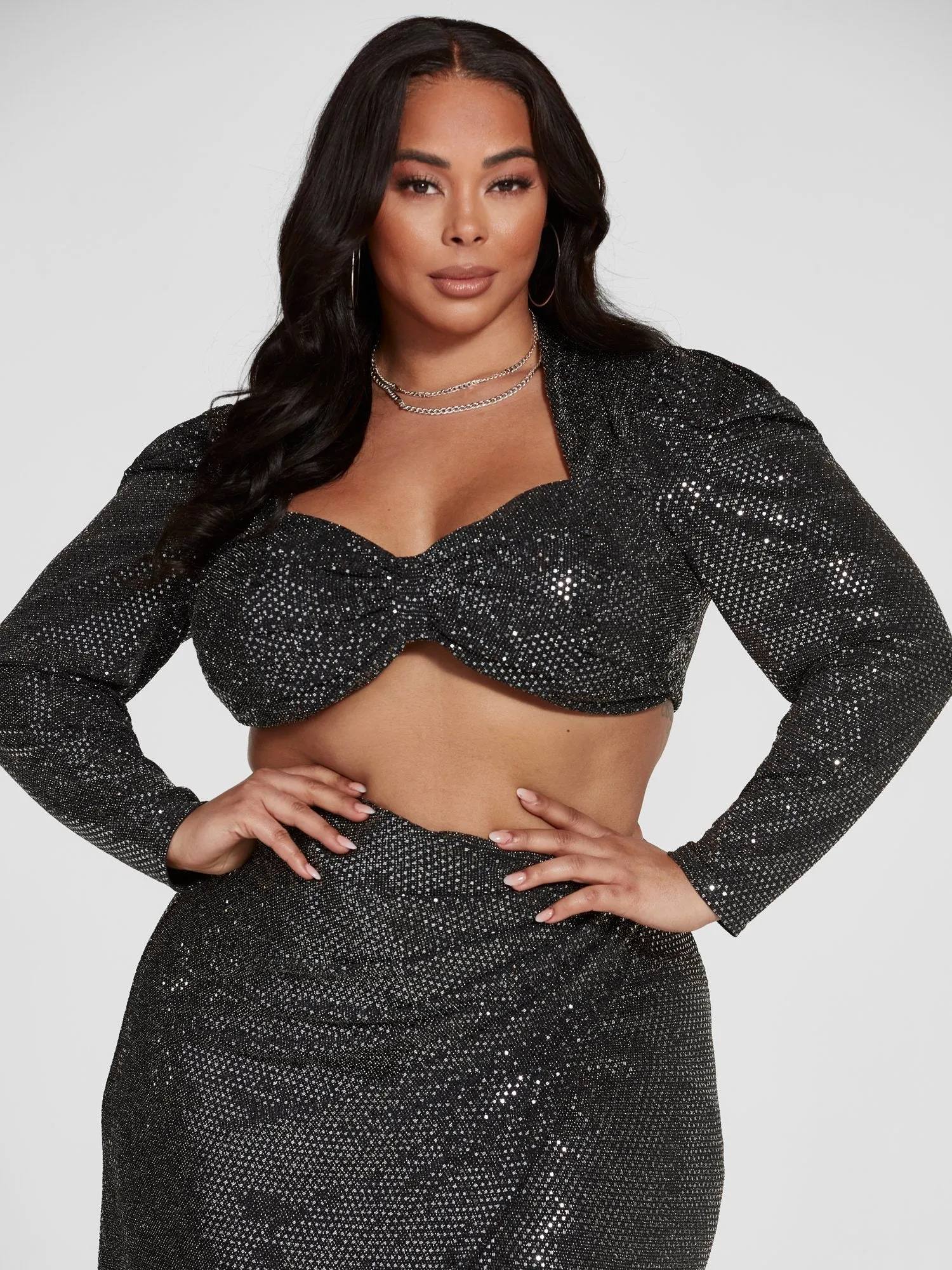 Fashion To Figure - Leandra Puff Sleeve Metallic Crop Top