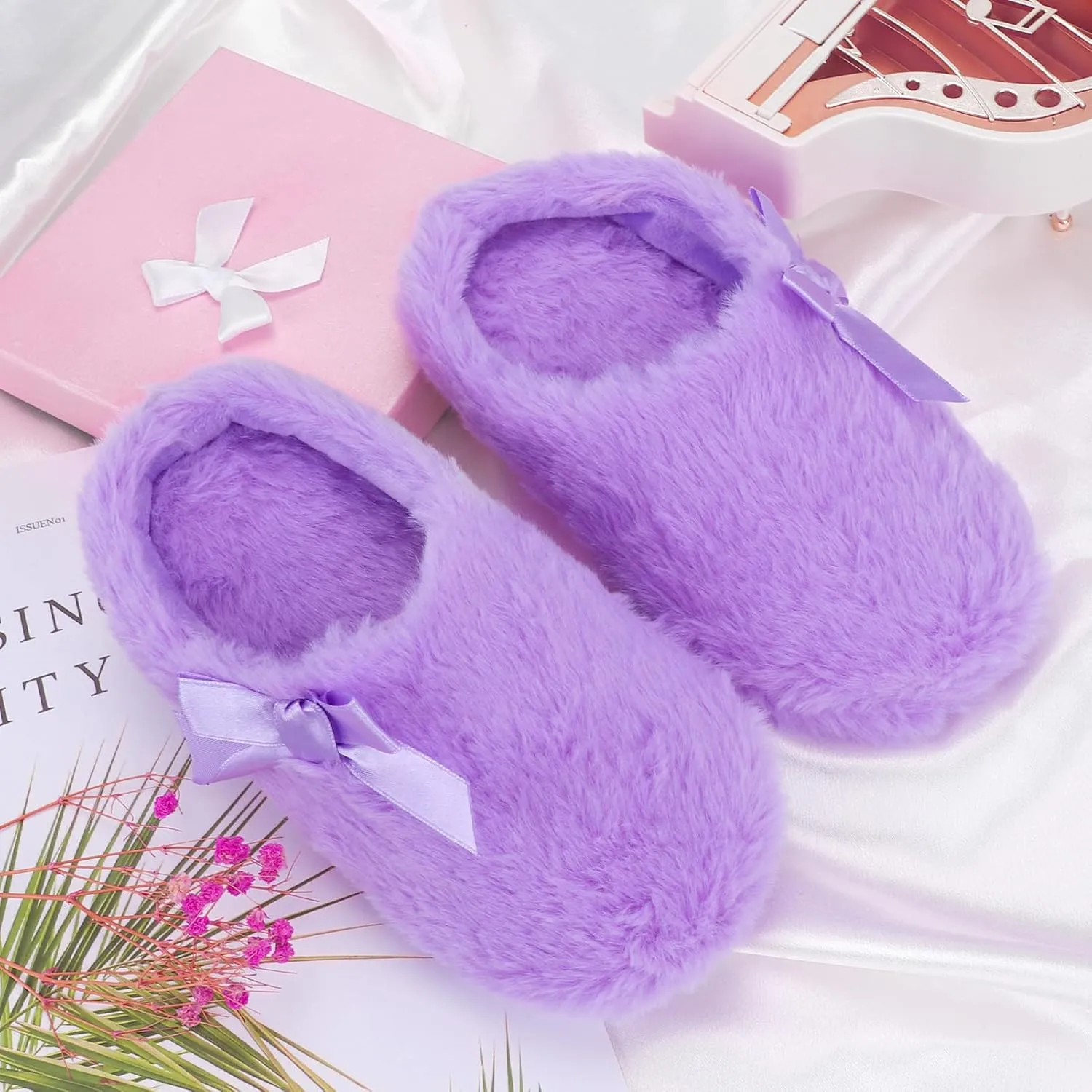 Girls Plush Faux Fur Slip on House Slippers Clog with Memory Foam - Bedroom Slippers Outdoor Indoor Faux Fur Lined