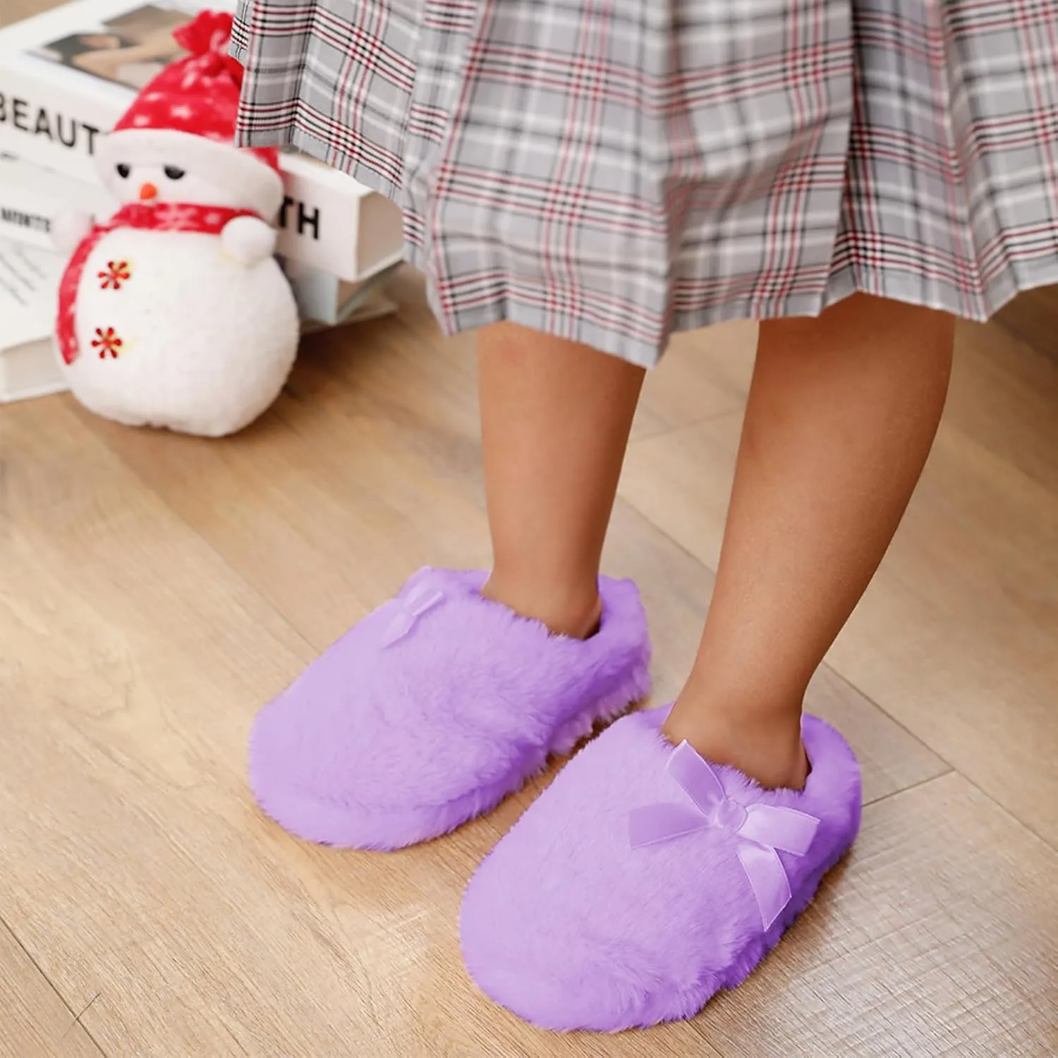 Girls Plush Faux Fur Slip on House Slippers Clog with Memory Foam - Bedroom Slippers Outdoor Indoor Faux Fur Lined