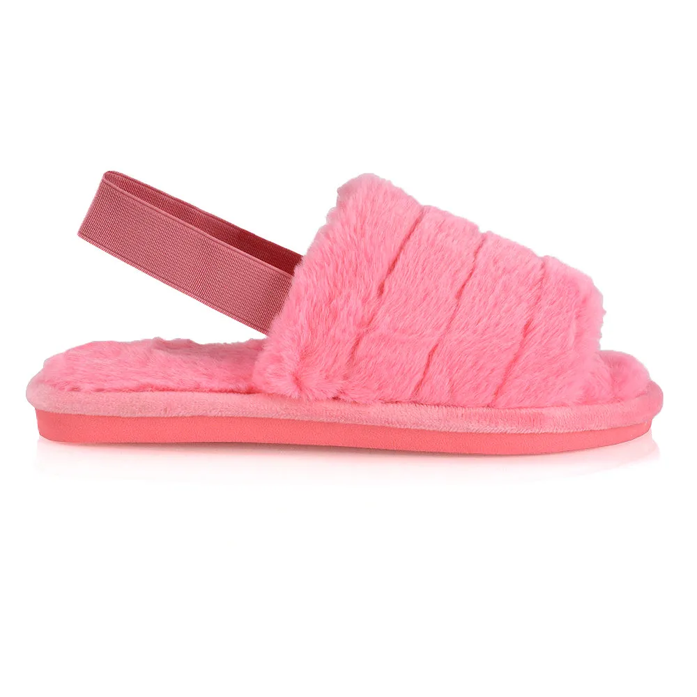 Lana Faux Fur Sling Back Ribbed Strappy Soft Cosy Fluffy Slippers in Multi