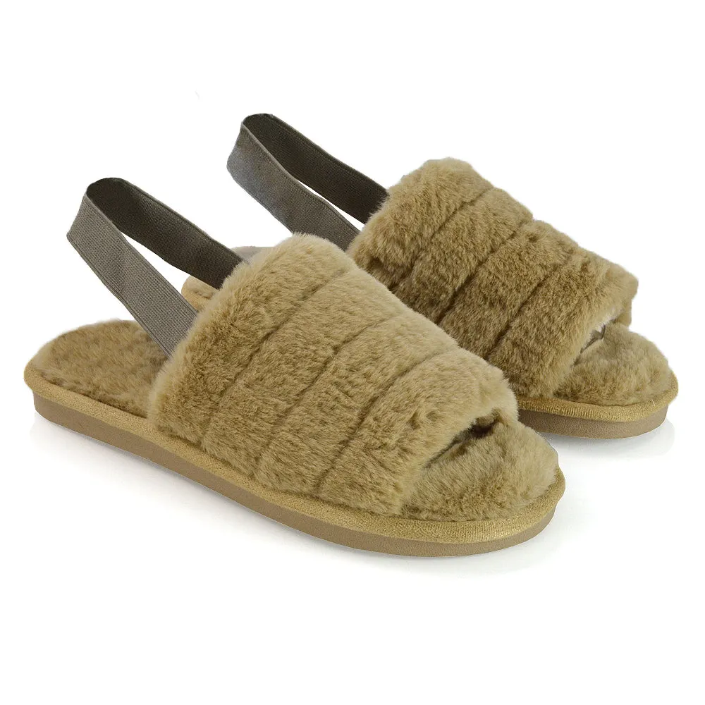 Lana Faux Fur Sling Back Ribbed Strappy Soft Cosy Fluffy Slippers in Multi